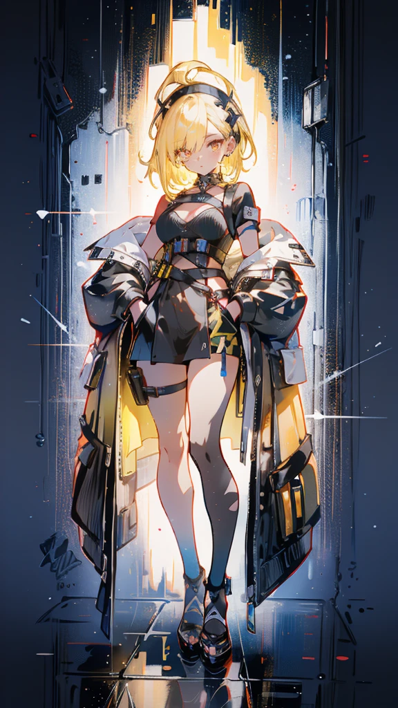 1 girl, short yellow hair, cyberpunk, Alice in Wonderland, black high heels, hand in pocket, best quality, 4k, 8k, highres, masterpiece:1.2, ultra-detailed, realistic, photorealistic, photo-realistic:1.37, HDR, UHD, studio lighting, ultra-fine painting, sharp focus, physically-based rendering, extreme detail description, professional, vivid colors, bokeh, concept art