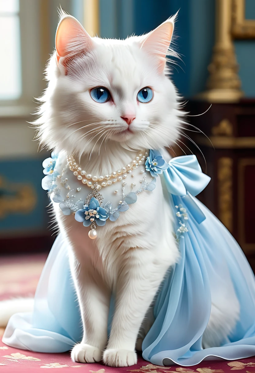 Realistic portrait of a dressed animal - a beautiful white cat, Blue Eyes、Princess,graceな表情でカメラを見ている(A delicate light blue chiffon dress with a pearl necklace、Light blue floral hair ornament), high quality,(Lovely) ,Intricate details, Very detailed ((light blue princess dress)) ,Very detailed decorations,, (grace), Standing in the ballroom,(Full body image:1.5)