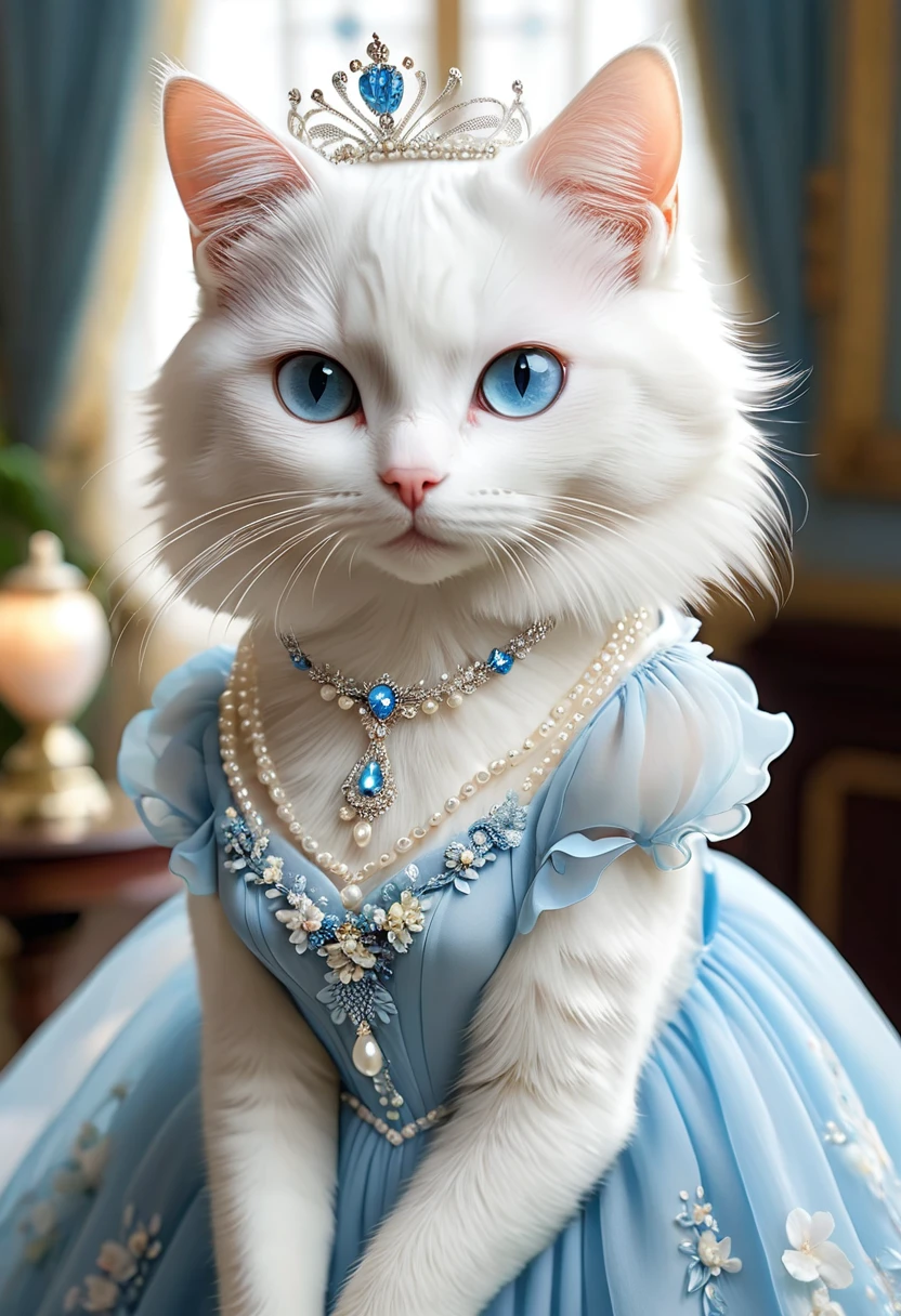 Realistic portrait of a dressed animal - a beautiful white cat, Blue Eyes、Princess,graceな表情でカメラを見ている(A delicate light blue chiffon dress with a pearl necklace、Light blue floral hair ornament), high quality,(Lovely) ,Intricate details, Very detailed ((light blue princess dress)) ,Very detailed decorations,, (grace), Standing in the ballroom,(Full body image:1.5)