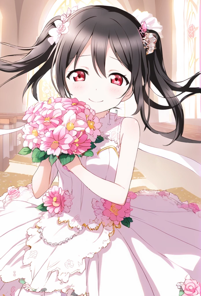 Yazawa Nico Black Hair Red Eye Twin tails Pink flower hair ornaments on both sides White Wedding Dress Pink flower decoration dress Pink flower bouquet church smile Smaller breasts Shining Tears of joy