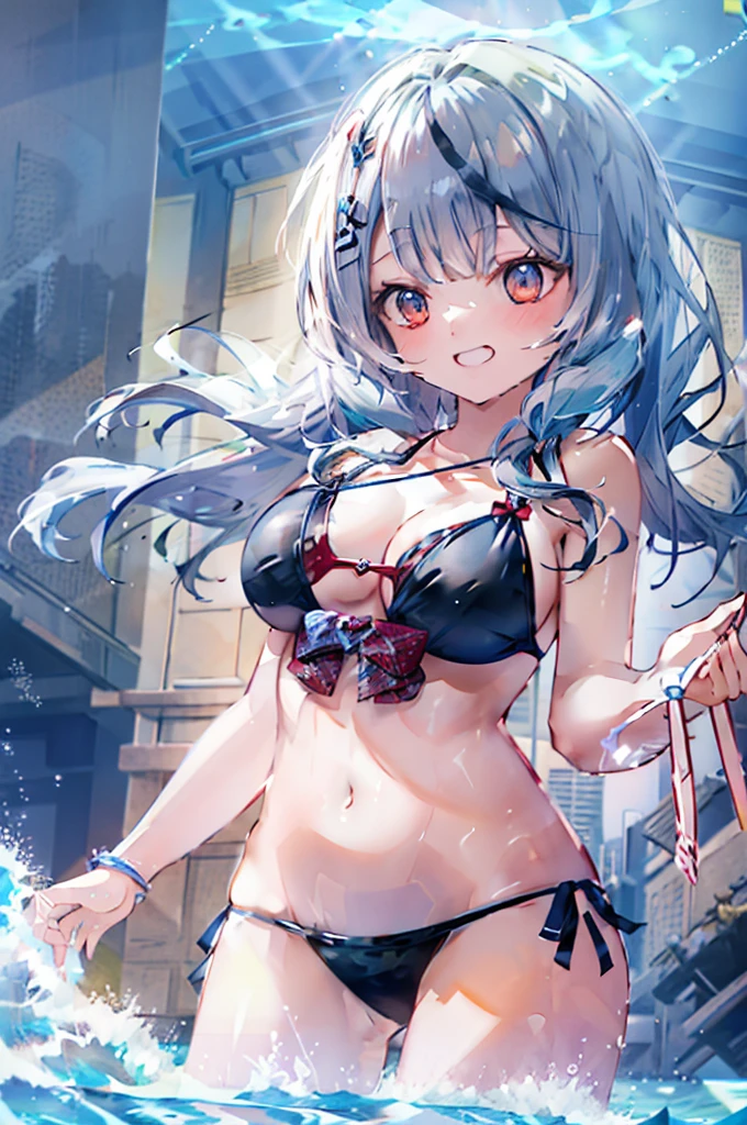 Swimwear、Concept Art、masterpiece、Shy laugh、high resolution、Playing in the sea、Shooting from below、Pour water on、Shooting at a dynamic angle
