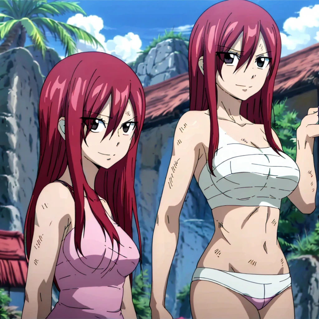 masterpiece, anime style, beach, best quality, highres, fairy tail, 2 girls, big breasts, collarbone, midriff, sarashi wrap, standing, insane smile,mature woman, tall, short hair, pail skin