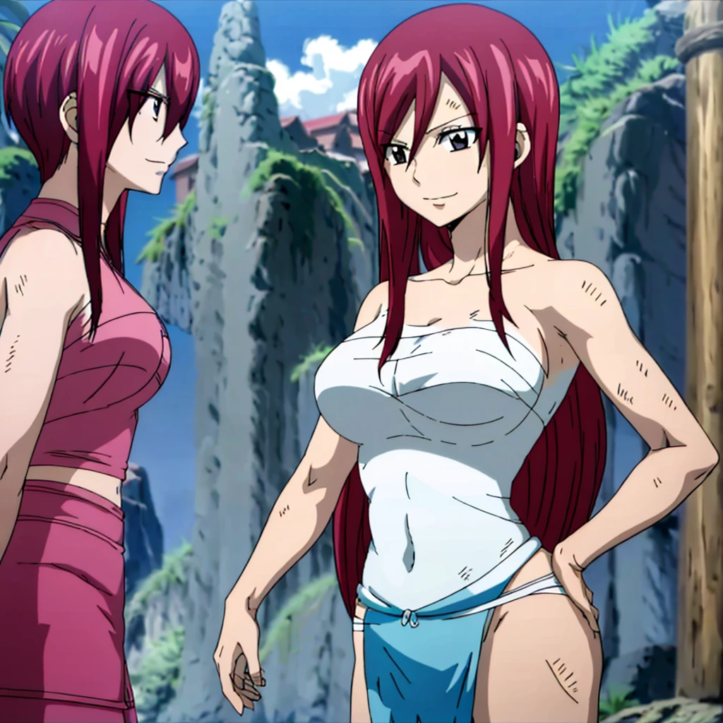 masterpiece, anime style, beach, best quality, highres, fairy tail, 2 girls, big breasts, collarbone, midriff, sarashi wrap, standing, insane smile,mature woman, tall, short hair, pail skin