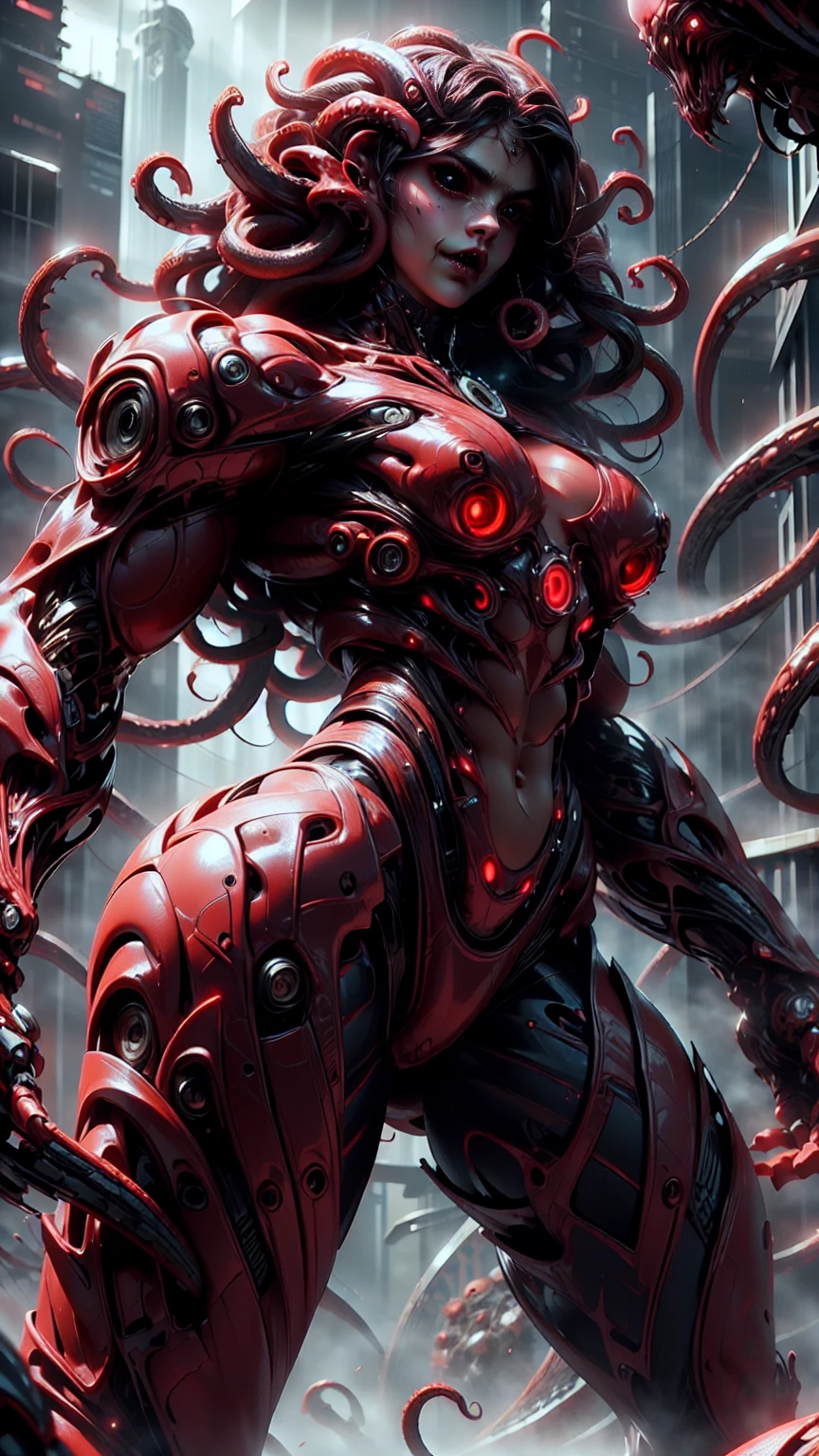 (beautiful girl:1.25), (megan fox:1.25), (young bodybuilder girl wearing cybernetic muscle suit:1.25), (medusa head with tentacles:1.25), carnage muscular physique, seductive face, mouth wide open carnage style, long red hair, perfect muscular body, super skinny legs, sissy, femboy, (carnage style physique)