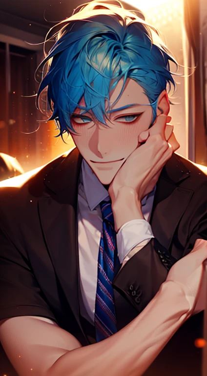 (Highest quality,4K,8K,High resolution,masterpiece:1.2),Super detailed,(Realistic,photoRealistic,photo-Realistic:1.37),1 person,34 years old,Mature Men,Beautiful skin、very handsome,Expressionless smile in love,Short blue hair,green eyes,Sharp Eyes,A perfect face without a doubt,Businessman, CEO, Office Background,Cinema Lighting,HDR image,tie、