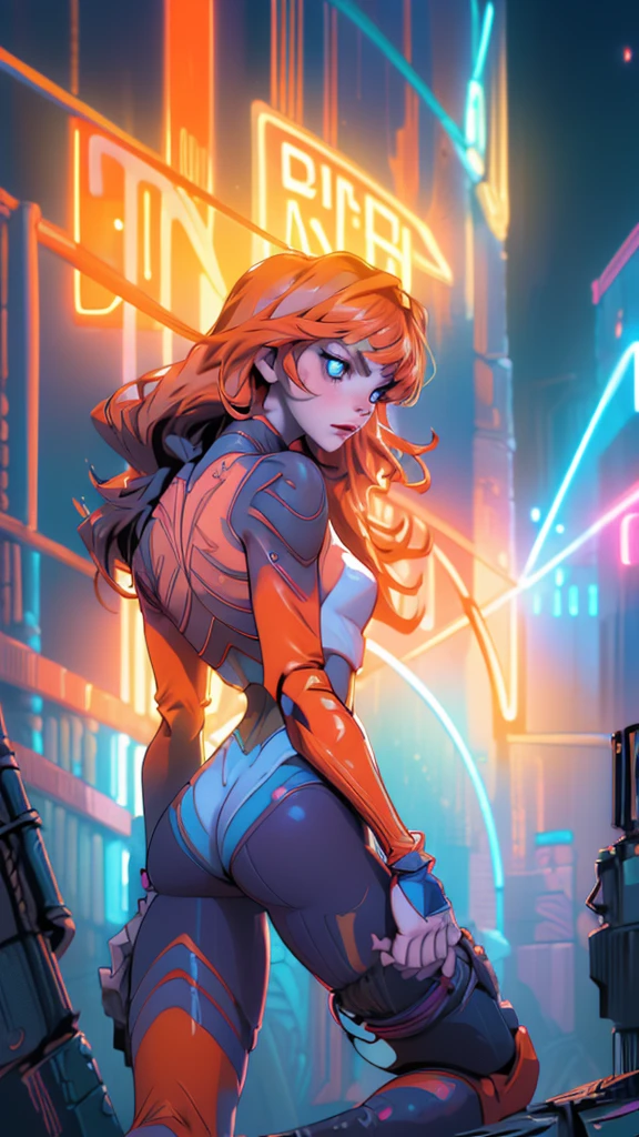 (rear view, backside view),(The best quality,A high resolution,Ultra - detailed,actual)、(mirai ciborg :1.4) , cyberpunk、big glutes、kneel down、Electronic visor attached to the face of a 12-year-old girl with emphasis on the buttockinifalda mostrando bragas Blanco:1.4) ,mirai Red latex body,Cyberpunk mode、pose sexy、(Wear yellow leggings on the lower body、breast enlargement、(background Neon lights in the dark city at night:1.4),unreal engine:1.4,HD,La Best Quality:1.4, photorealistic:1.4, skin texture:1.4, Masterpiece:1.8,Masterpiece, Best Quality,(beautiful blue eyes ),( neon pink cyborg),(perfect anatomy :1.4 ),(ciborg mirai bodysuit orange:1.4 ) ,(mirai:1.4), (big butt and hips),( convex Detailed fingers), (cabello largo White:1.4 )