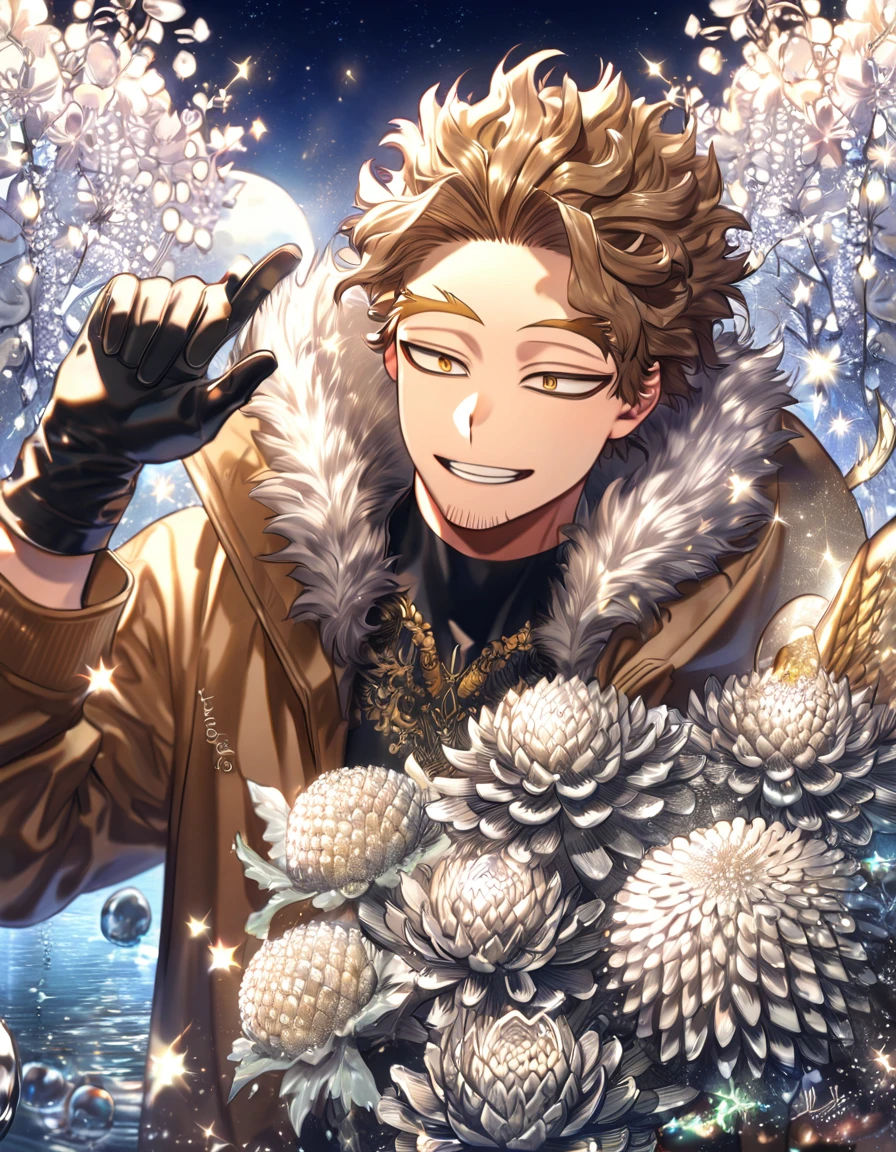 absurdres, highres, ultra detailed, HDR, master piece, best quality, extremely detailed, Hawks, ash-brown hair, expressive golden brown eyes, faint stubble, Boku No Hero Academia, solo, sexy man, handsome, smile, brown coat with fur, black tight T-shirt, black gloves, fantasy, water, sparkling, silver glittering fireflies, silver moon, silver blossoms, silver chrysanthemums, silver sparkling lights, starry sky