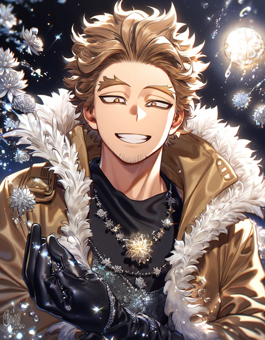 absurdres, highres, ultra detailed, HDR, master piece, best quality, extremely detailed, Hawks, ash-brown hair, expressive golden brown eyes, faint stubble, Boku No Hero Academia, solo, sexy man, handsome, smile, brown coat with fur, black tight T-shirt, black gloves, fantasy, water, sparkling, silver glittering fireflies, silver moon, silver blossoms, silver chrysanthemums, silver sparkling lights, starry sky