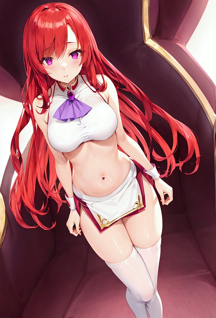 Tall anime girl in long white stockings, full body with red hair and purple eyes, short skirt and micro top