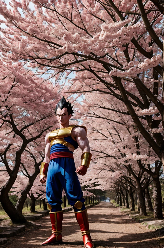 vegeta in a forest of red sakura trees genshin impact style