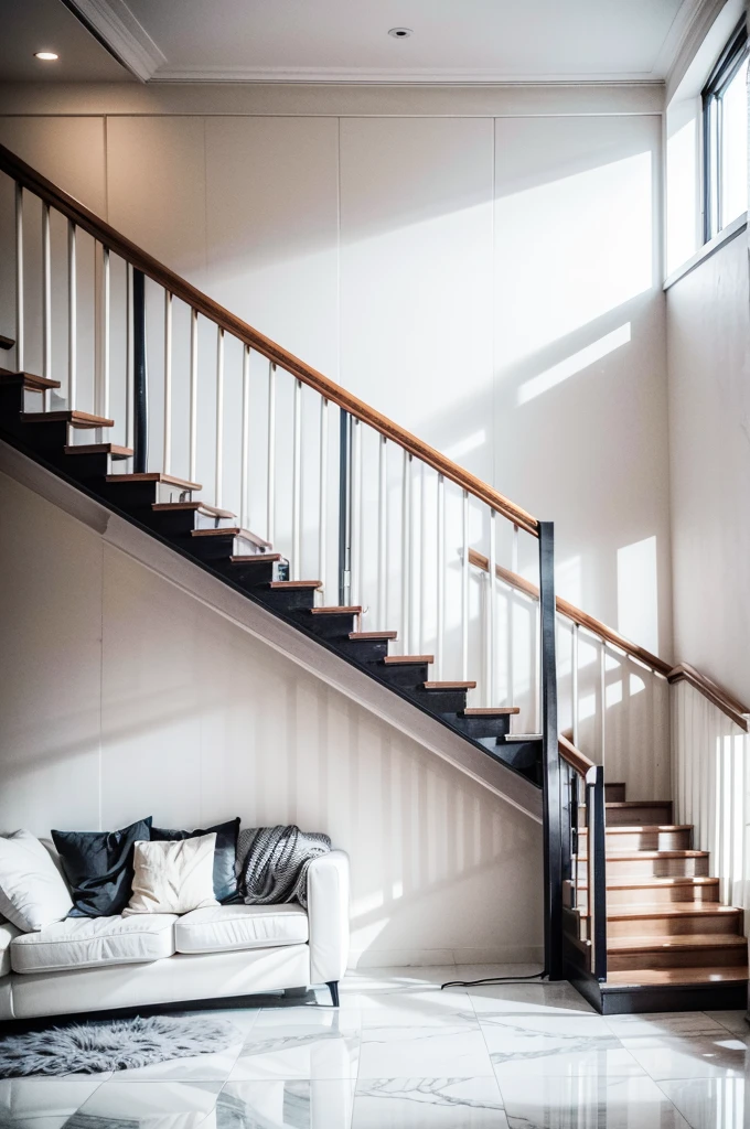 livingroom, white marble floor slatted television panel, gray walls, staircase with white marble floor beige sofa