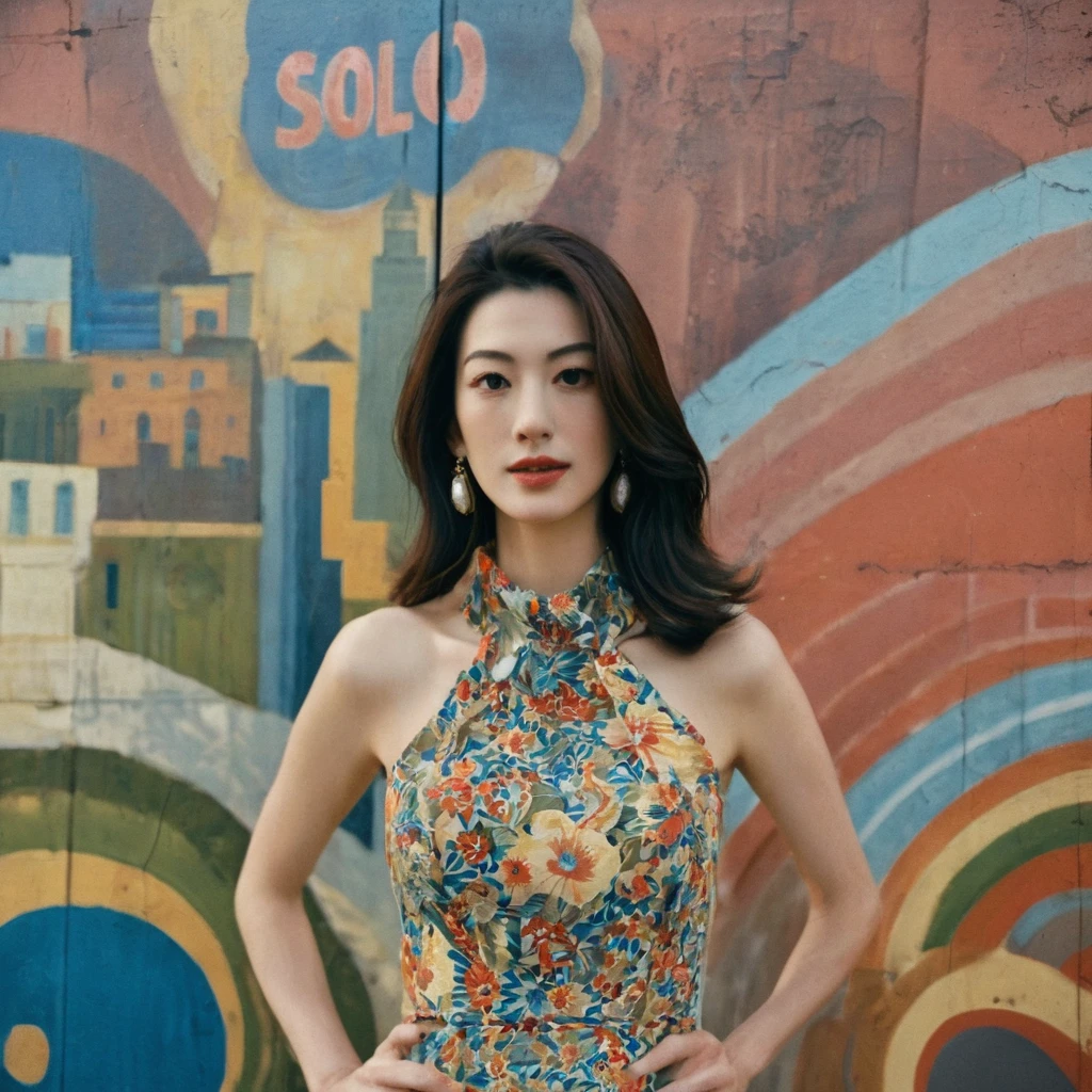 Close up portrait of a gorgeous young beautiful face Korean girls, still from the film, ((solo)), (Anne Hathaway look alike face: 0.9), in a vintage retro 60s print dress, in a vintage retro 60s print dress, wearing high heels, posing in front of a pretty 60s mural, Leica SL3, Summicron-SL 75 f/2 ASPH, kodak gold 200 film, bare shoulder, dynamic action pose,