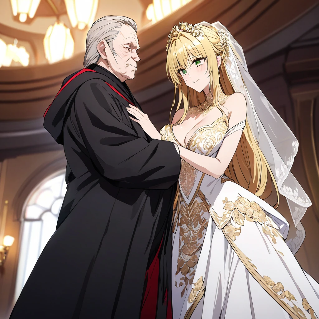 ((Highest quality)), ((masterpiece)), (detailed), (Perfect Face)、The woman is a tiare with green eyes, medium-long blonde hair, and is wearing a gorgeous wedding dress with gorgeous gold embroidery and trim, a wedding veil, and an engagement ring.、The woman is in a wedding ceremony with Emperor Palpatine、The woman is standing close to the Emperor, and the dignified old Emperor Palpatine is holding the woman close to him as they hold their wedding ceremony.、The man is Darth Sidious, Emperor Palpatine, Dark Lord of the Sith, a wrinkled, dignified, ugly old man wearing a black hooded robe. full-body shot