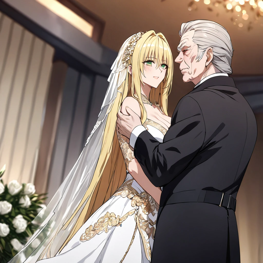 ((Highest quality)), ((masterpiece)), (detailed), (Perfect Face)、The woman is a tiare with green eyes, medium-long blonde hair, and is wearing a gorgeous wedding dress with gorgeous gold embroidery and trim, a wedding veil, and an engagement ring.、The woman is in a wedding ceremony with Emperor Palpatine、The woman is standing close to the Emperor, and the dignified old Emperor Palpatine is holding the woman close to him as they hold their wedding ceremony.、The man is Darth Sidious, Emperor Palpatine, Dark Lord of the Sith, a wrinkled, dignified, ugly old man wearing a black hooded robe. full-body shot