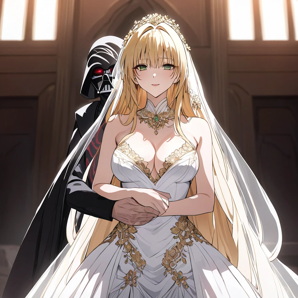 ((Highest quality)), ((masterpiece)), (detailed), (Perfect Face)、The woman is a tiare with green eyes, medium-long blonde hair, and is wearing a gorgeous wedding dress with gorgeous gold embroidery and trim, a wedding veil, and an engagement ring.、The woman embraces Emperor Palpatine, kisses him, and gets married to him.、The woman is close to the Emperor, and the dignified old Emperor Palpatine embraces the woman, shares a mechanical kiss, and gets married.、The man is Darth Sidious, Emperor Palpatine, Dark Lord of the Sith, a wrinkled, dignified, ugly old man wearing a black hooded robe.
