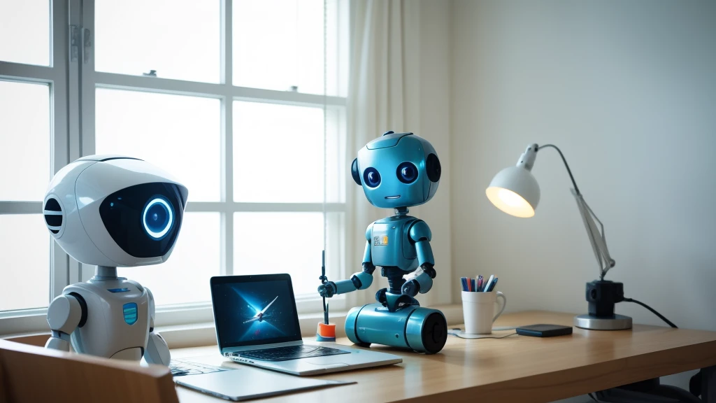 One robot,small robot,Cute Robot,Using a laptop,Writing a blog,Bright room,(A room with few things),
