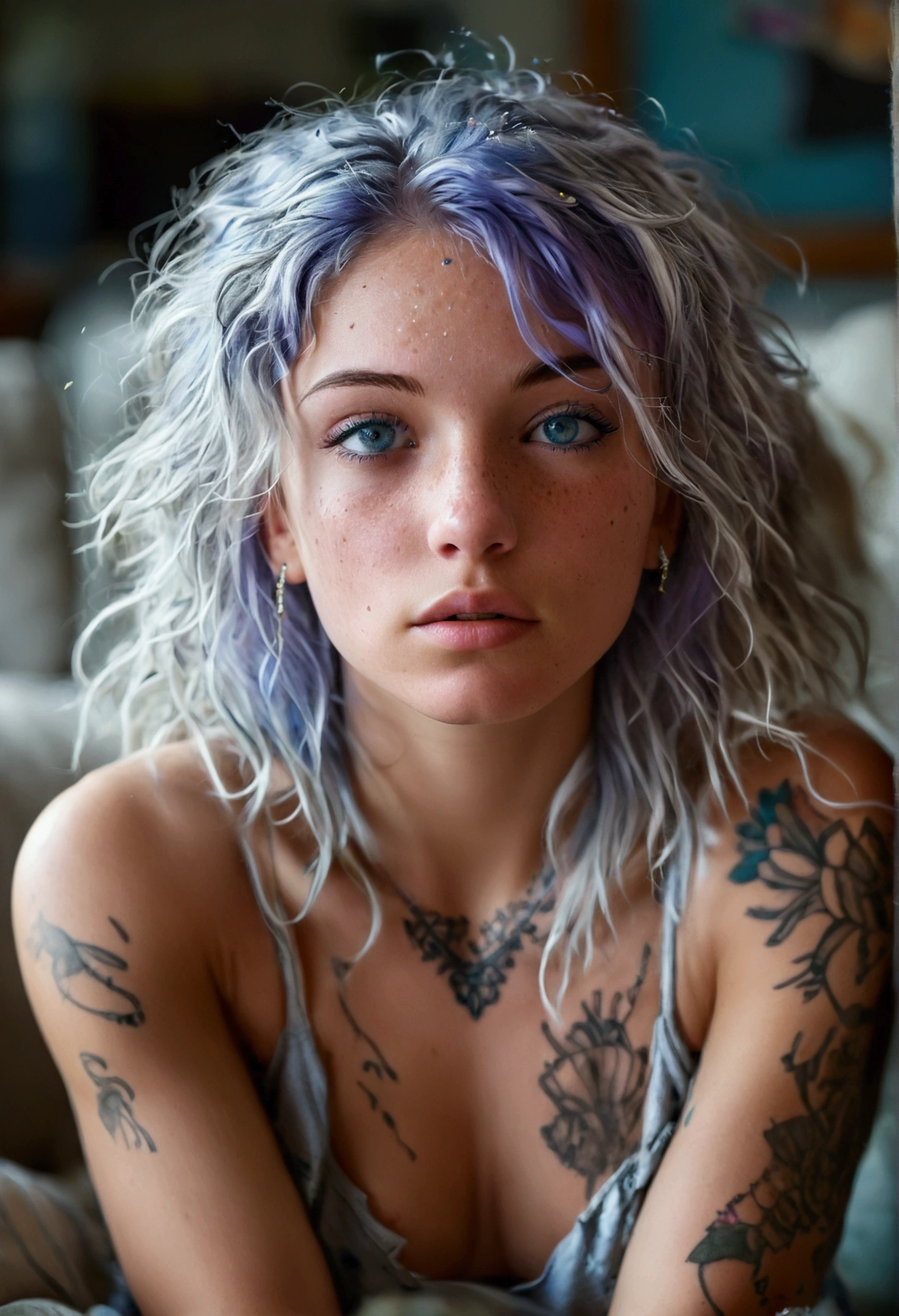 Create an ultra realistic image of a 22 year old American woman, crystal blue eyes, olive skin, freckles on her face, shoulder length and disheveled hair, blue and purple hair, slightly messy hair. depth of field, front focus, ultra realistic (small tattoo on face). sitting on the sofa with her legs open, completely naked. White hair. full body photo, no clothes, perfect body