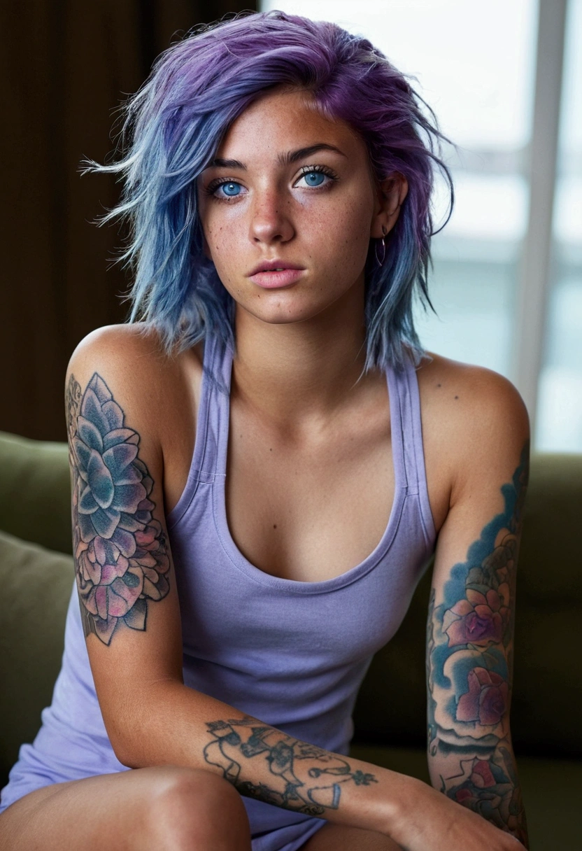 Create an ultra realistic image of a 22 year old American woman, crystal blue eyes, olive skin, freckles on her face, shoulder length and disheveled hair, blue and purple hair, slightly messy hair.   depth of field, front focus, ultra realistic (small tattoo on face).   sitting on the sofa with her legs open, completely naked.   White hair.   full body photo, no clothes, perfect body