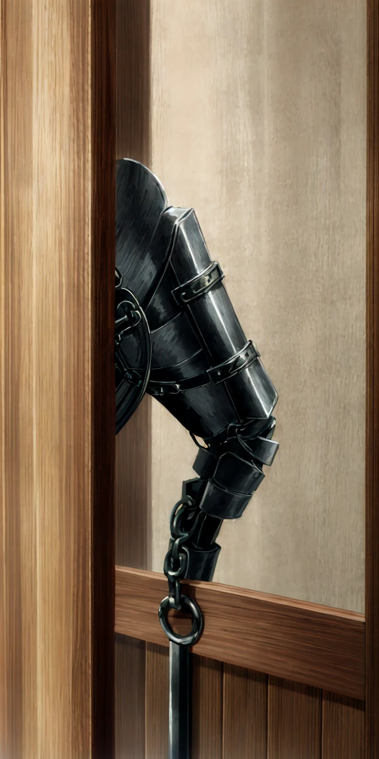 (Masterpiece, best quality, intricate details, 1sologirl) iron collar, arms behind back, iron cuffs, shackles, bound ((standing by wooden pole:1.2)) looking from above happy closed mouth ((Sherry))