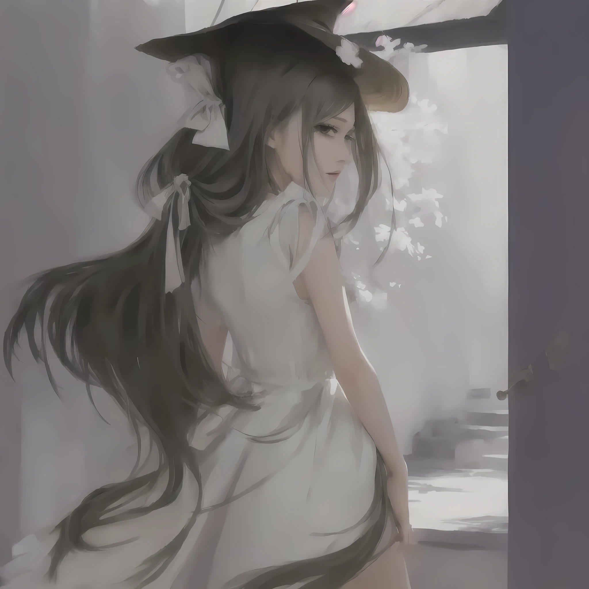 There is a woman wearing a dress and a hat on her head., Gwaiz, artwork in the style of Gwaiz, Painted in an anime artist's studio, Created by Anime Painter Studio, by Shimo, Gwaiz on pixiv artstation, Digital art on pixiv, Gwaiz on artstation pixiv, Wow : : 5