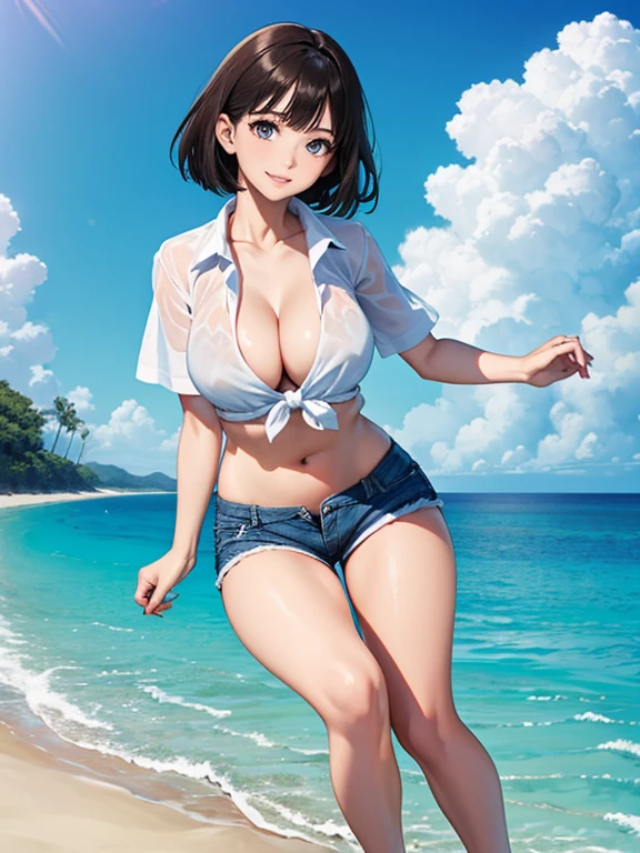 (Highest quality、masterpiece、High resolution、8K)、Vibrant colors、Young and beautiful woman 1、whole body、Brown and black short bob、barefoot、(Detailed face、Beautiful Eyes、Beautiful nose、Pretty lips)、Ample beautiful breasts、Beautiful cleavage、White shirt and shorts、Running on the beach、A refreshing smile、Official Art、The background is the sea、blue sky、White waves and wide sandy beach、Wide forest、White Entrance Cloud、