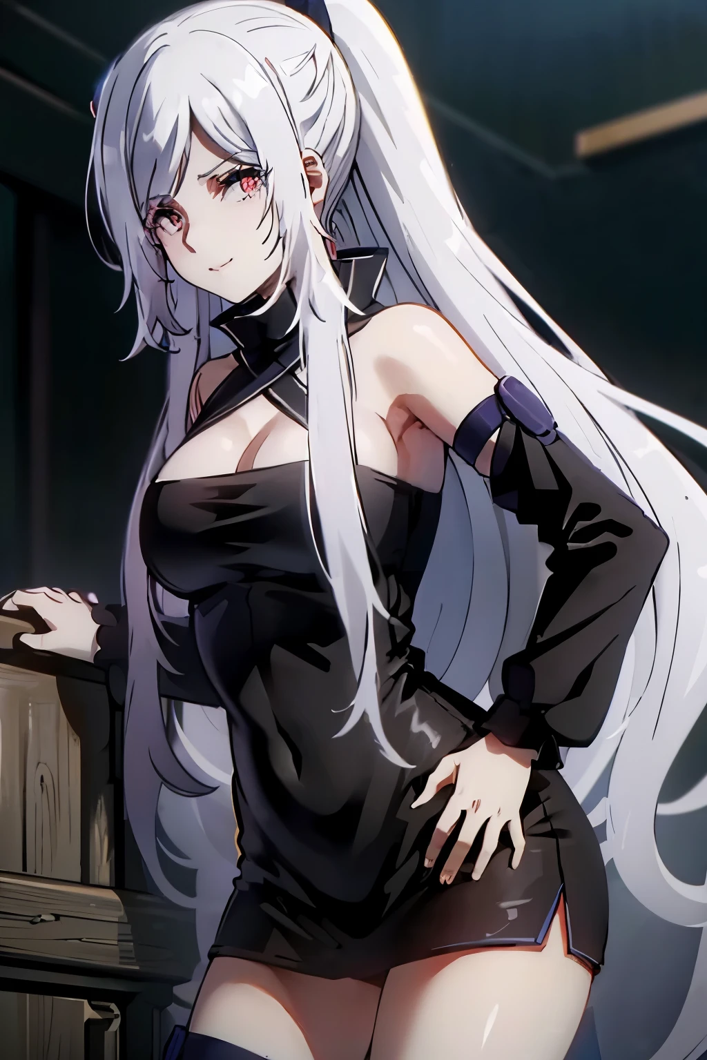 Alexia Midgar, Anime, The Eminence in Shadow, Quality, Ultra High Definition, (Photorealistic:1.4),Sunset Light, Ponytail, Detailed Photo, Smiling, Sexy, Facing Camera, Close-up (Masterpiece: 1.3), (8K, Photorealistic, Best Quality: 1.4), (1girl), Beautiful Face, (white Hair, long Hair: 1.3), Beautiful Hairstyle, Realistic eyes, beautiful detail eyes, (realistic skin), beautiful skin, (sweater), absurd, attractive, ultra high resolution, ultra realistic, high definition, golden ratio
