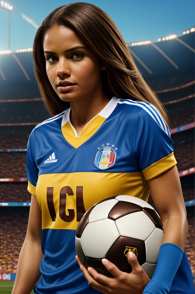 DISNEY PIXAR COVER Woman with brown skin, Brown hair, honey color with a Colombian soccer shirt angry with a blonde man, blue-eyed, and with an Italian football shirt in a stadium