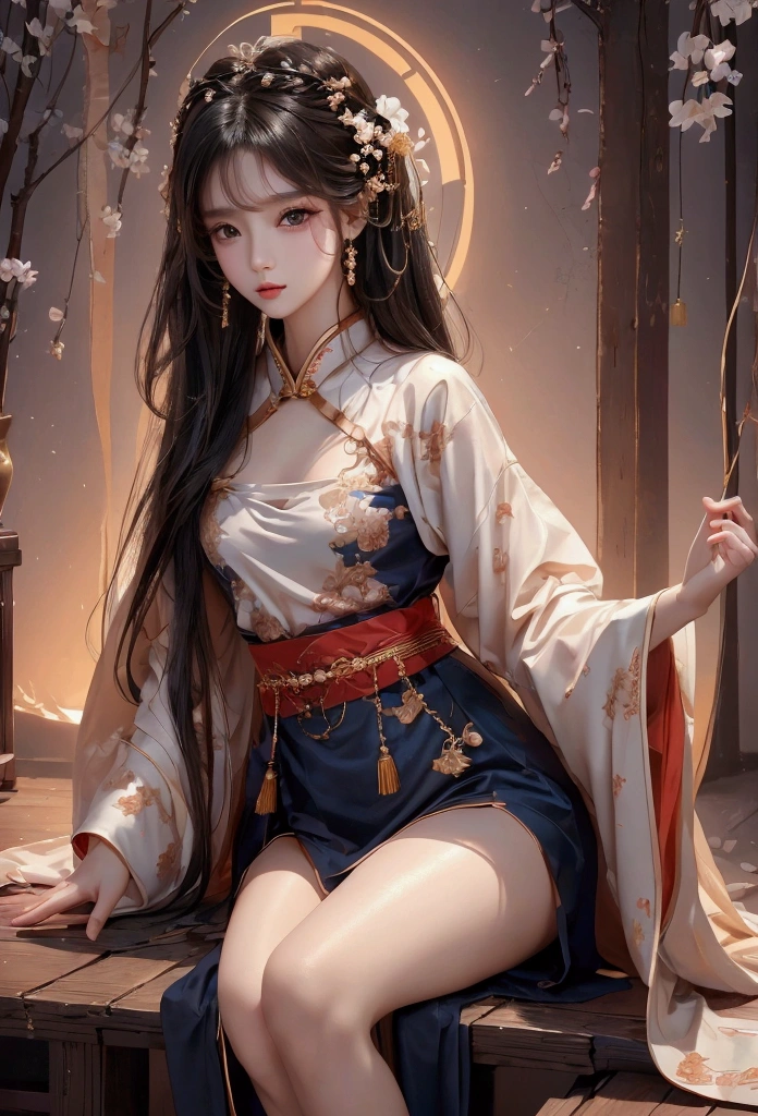 Best image quality、8K、masterpiece:1.3))、Realistic high-quality photos、Highest quality、 Beautiful face、Photos of slim models、Beautiful girl model、Young and pretty face、Beautiful model girl、A lovely and delicate face、Black Hair、Beautiful brown eyes、Young Body、Hanfu, (emphasize)、from the front、Camera gaze,、Anatomically correct、胸の谷間をemphasize、whole body、13-year-old female model
