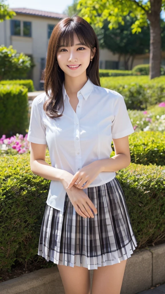 (Highest quality: 1.5), (Realistic: 1.5), (1 person: 1.5), Very detailed, High resolution, 8K,Natural color lips, Cute Smile, Japanese women, 20-year-old girl, Beautiful and elegant features, Perfect and beautiful face, Balanced big eyes, Beautiful and elegant features, Natural double eyelids, Natural Bangs, Beautiful thin nose, Beautiful Skin, Medium Bob Hair , Natural Bangs , Perfect and beautiful face, Slim face and figure, (Looking at the camera with a sweet smile), Bright lighting, Professional Lighting, Forward lighting, Beautiful feet: 1.2, Smooth Skin, Slender body, Slim waistline, slim thin thighs,  Cleavage, Detailed clothing, (Short sleeve dress shirt:1.5), (Pleated skirt:1.5), Checkered Pleated Micro Mini Skirt, Short sleeve dress shirt,  Ultra HD, Realistic,, Frolic with cats,  Playing with cats,Holding a cat, Holding a cat,Pick up the cat,  garden,