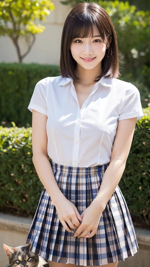 (Highest quality: 1.5), (Realistic: 1.5), (1 person: 1.5), Very detailed, High resolution, 8K,Natural color lips, Cute Smile, Japanese women, 20-year-old girl, Beautiful and elegant features, Perfect and beautiful face, Balanced big eyes, Beautiful and elegant features, Natural double eyelids, Natural Bangs, Beautiful thin nose, Beautiful Skin, Medium Bob Hair , Natural Bangs , Perfect and beautiful face, Slim face and figure, (Looking at the camera with a sweet smile), Bright lighting, Professional Lighting, Forward lighting, Beautiful feet: 1.2, Smooth Skin, Slender body, Slim waistline, slim thin thighs, Cleavage, Detailed clothing, (Short sleeve dress shirt:1.5), (Pleated skirt:1.5), Checkered Pleated Micro Mini Skirt, Short sleeve dress shirt, Ultra HD, Realistic,, Frolic with cats, Playing with cats,Holding a cat, Holding a cat,Pick up the cat, garden,