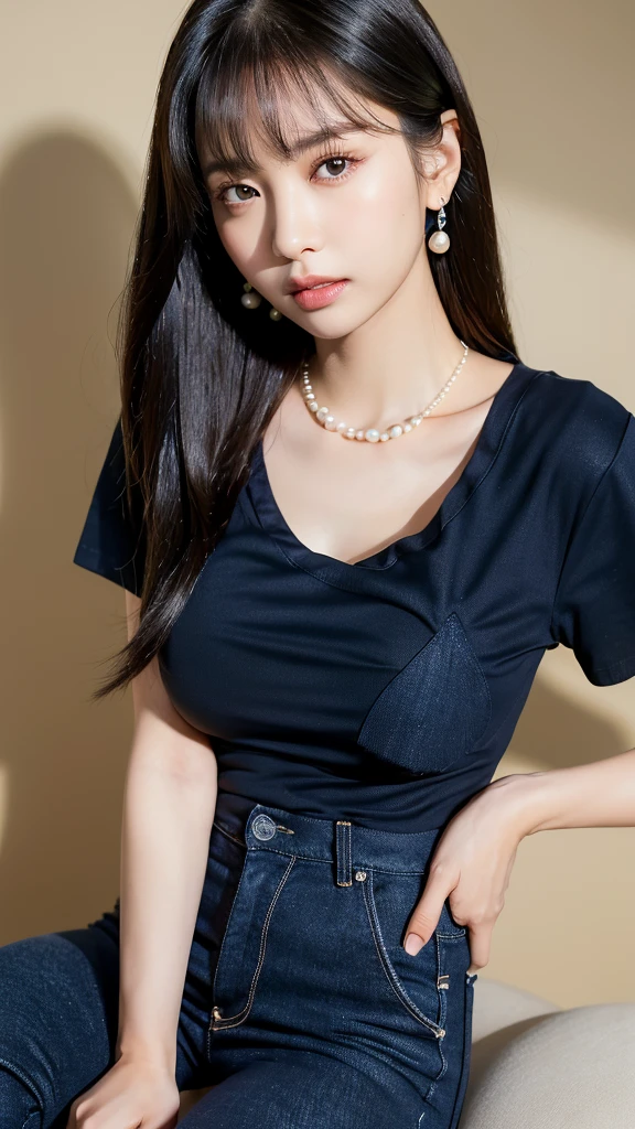 1 girl, national foundation, ((8k, raw, masterpiece: 1.5)), (Professional photography, sharp:1.2), Perfect dynamic composition, (Natural sun light), (soft shadow), (Perfect body:1.4), (((skinny figure))), ((huge round breasts: 1.2)), (((((medium straight hair,bangs))))), Ultra-detailed faces and skin, perfect asian, White skin, (Delicate skin:1.4), (latex skin:0.4), (perfect glowing skin:0.6), light brown eyes, beautiful eyes, round eyes, pretty face, blush, glossy lips, ((plump lips)), glossy eyes, Really moist skin, gloomy expression, looking at camera, Elegant pearl necklace, Elegant pearl earrings, minimalist, (((black t-shirt, navy blue jeans trouser))),