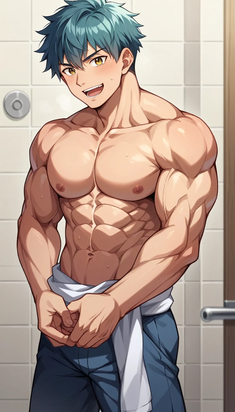 Two Japanese boys、、Both are very short、Slightly enlarged muscles and smooth skin、Very short hair、A very happy smile with a wide open mouth、shorten the limbs、He happily shows off his flashy briefs..、Posing muscles in the bathroom、背は低くlimbs are short、A slightly toned young body、Place your hands around your waist、limbs are short、