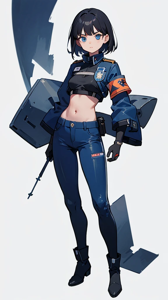 1,An android that resembles a human,Deep blue eyes,Short black hair,Dark blue uniform,Island symbol on chest,Armband on right arm,gloves,Dark blue pants for easy movement,Many side pockets,Black leather boots,badge,White background,whole body,Character portrait,