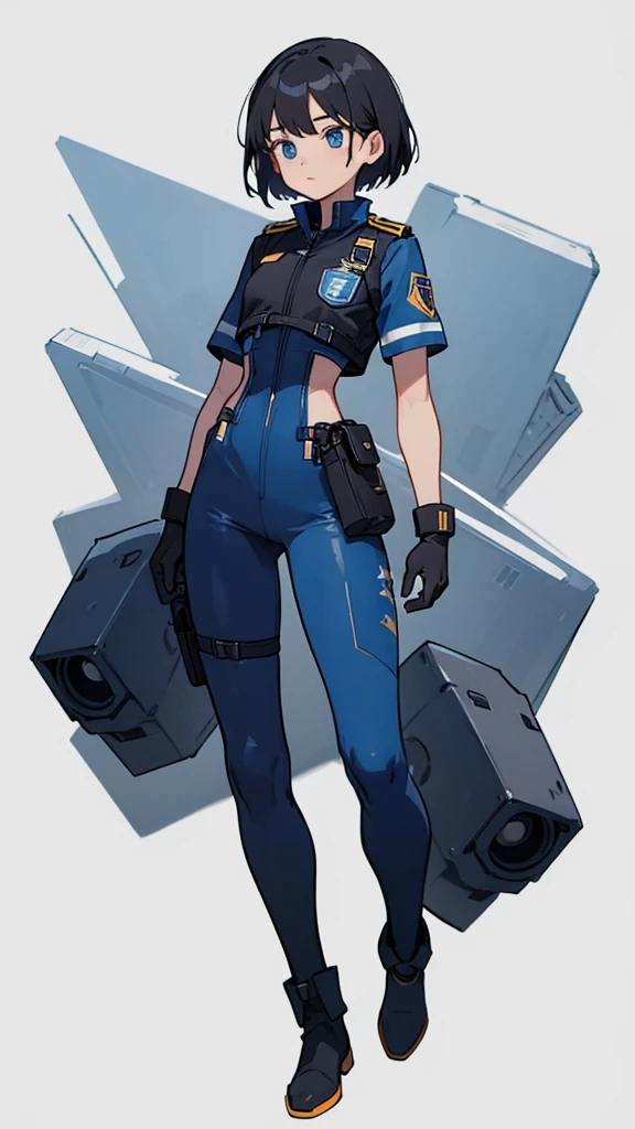 1,An android that resembles a human,Deep blue eyes,Short black hair,Dark blue uniform,Island symbol on chest,Armband on right arm,gloves,Dark blue pants for easy movement,Many side pockets,Black leather boots,badge,White background,whole body,Character portrait,