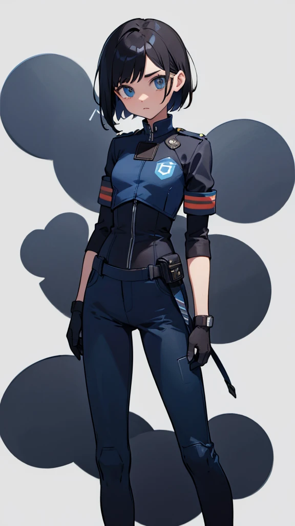 1,An android that resembles a human,Deep blue eyes,Short black hair,Dark blue uniform,Island symbol on chest,Armband on right arm,gloves,Dark blue pants for easy movement,Many side pockets,Black leather boots,badge,White background,whole body,Character portrait,