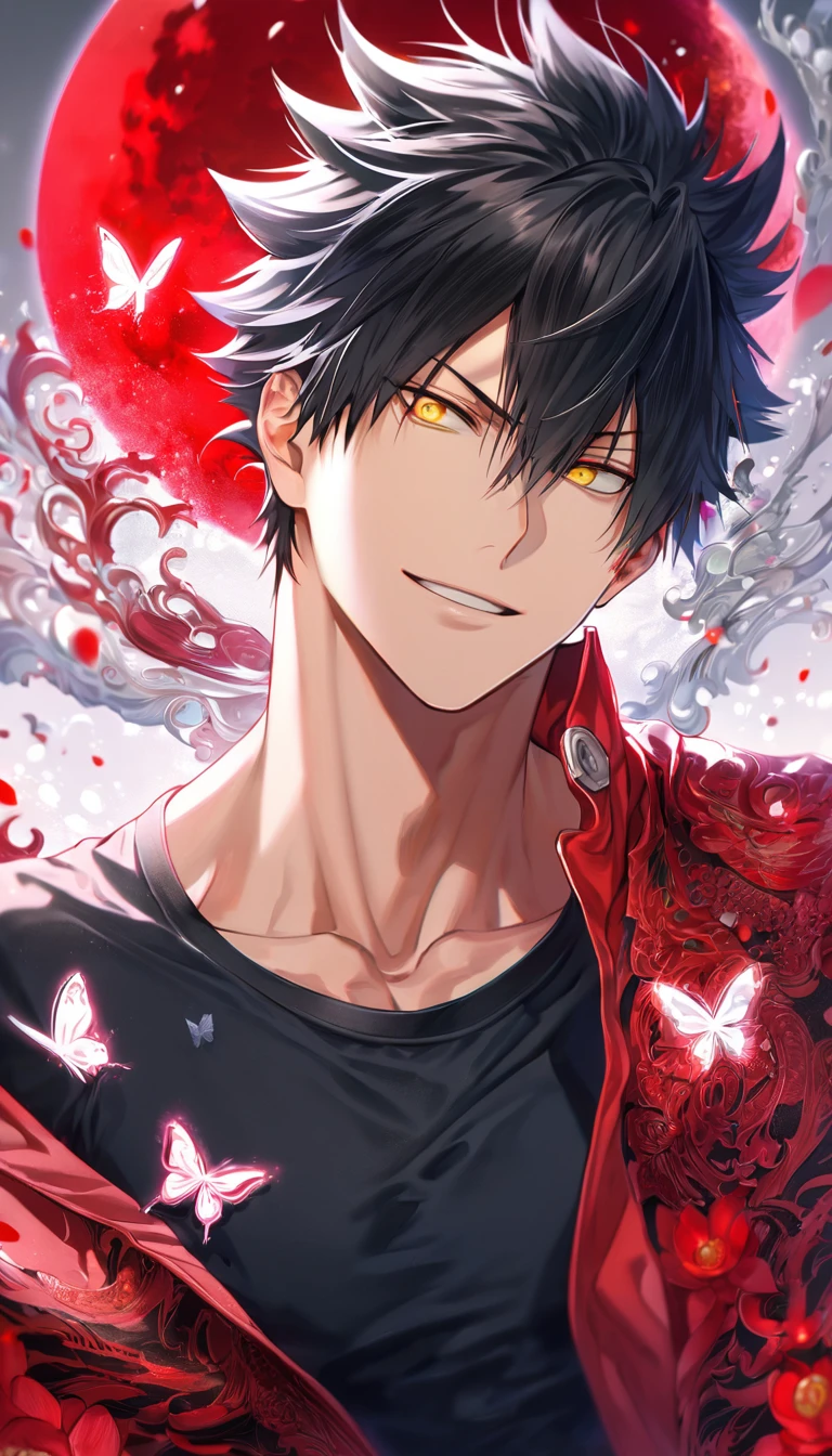 absurdres, highres, ultra detailed, HDR, master piece, extremely detailed, Kuroo Tetsurou, black hair, expressive yellow eyes, Haikyuu!, sexy man, handsome, best quality, red moon, red flowers, fantasy, magical, solo, red water, red shining fireflies, red petals, handsome smile, silver small butterflies, red dust, red jacket, black tight shirt