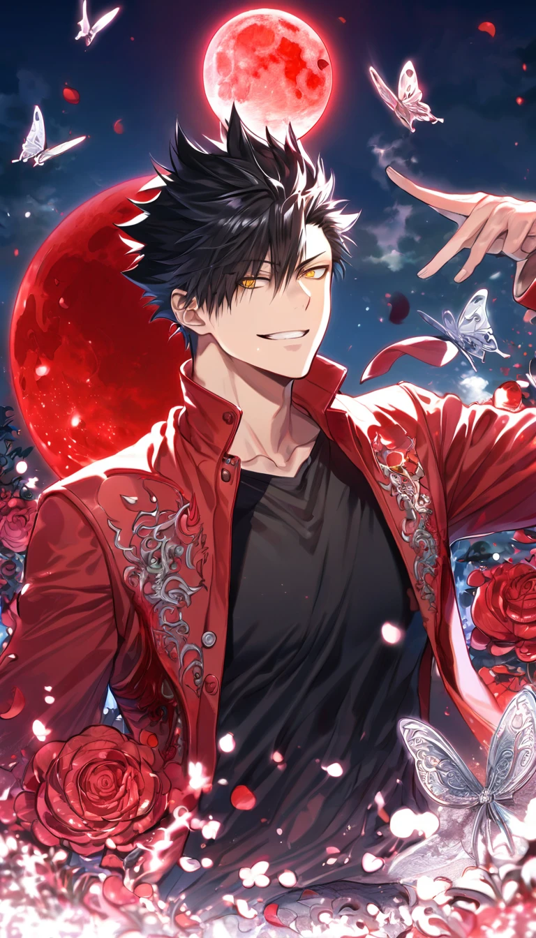 absurdres, highres, ultra detailed, HDR, master piece, extremely detailed, Kuroo Tetsurou, black hair, expressive yellow eyes, Haikyuu!, sexy man, handsome, best quality, red moon, red flowers, fantasy, magical, solo, red water, red shining fireflies, red petals, handsome smile, silver small butterflies, red dust, red jacket, black tight shirt