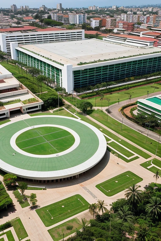 Create an image of the Scientific University of the South in Peru, Villa El Salvador headquarters, 100 years from now, maintaining its green areas and modern infrastructure.