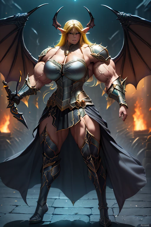 ((Massive beautiful, buff, light brown skinned muscular dark paladin woman with yellow hair, giant demon wings, black lipstick, ginormous bulky muscles, carrying a giant sword and wearing full black demonic paladin knight armored with a long tiered skirt)), (close view), large breast, massive muscles, massive biceps, hyper muscle shoulders, (giant demon wings), hyper muscle triceps, (long flowing hair), gray eyes, (demon Paladin boots), (demon armor), (long tiered skirt), breastplate, (demonic gauntlets), (Shoulder armor), closed smile, (in a fire hellish castle), (Dark and moody universe:1.3), Vascular arms, hyper muscles arms, hyper muscle legs, massive buff arms.