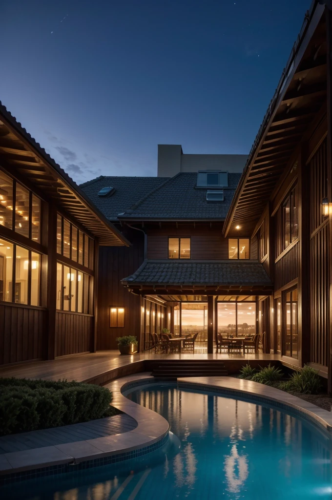 Resort with Zaha Hadid style restaurant with wood and metal texture, hotel with infinity pool, twilight with farm sunset in high quality, cattle farm, 8k UHD