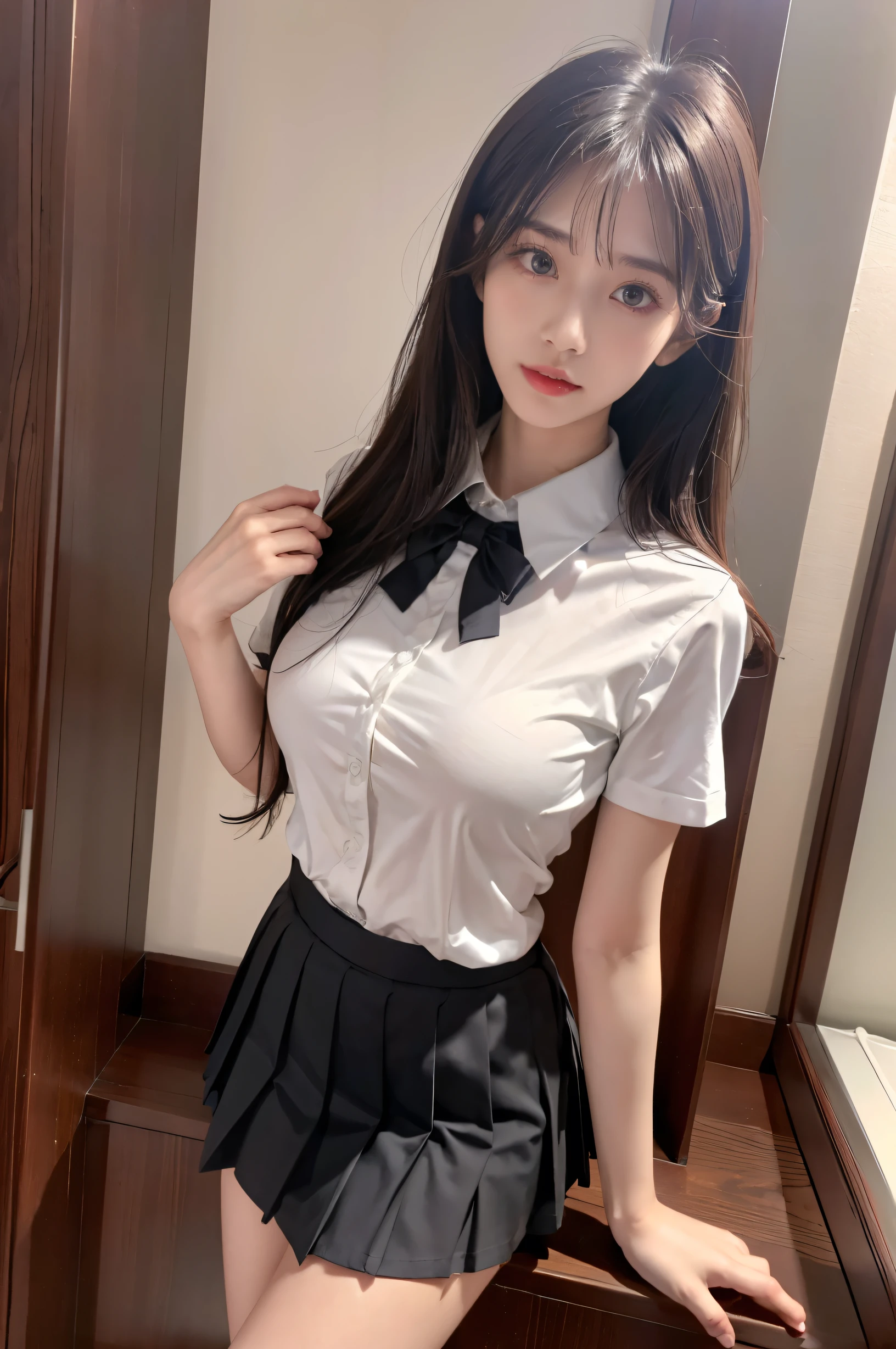 (ultra HD), (School uniform with short sleeves, White collared shirt, Black Skirt), Full body description, Big Breasts, Cleavage, slender, Clean and shiny skin, Whitening, No makeup, (Super slender face, Super beautiful face, Delicate face), (long hair, Layered Cut, Fluffy hair,light brown), (Big eyes, Slanted Eyes), Small Nose, Thin lips, Thin legs, Health Room