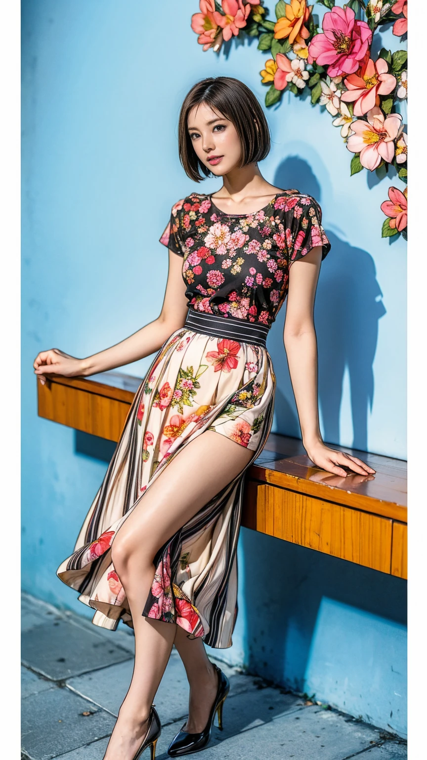 ((masterpiece)),(((Highest quality))),Thin thighs,Long legs,whole body:1.5，(One Girl:1.3),(Black high heels：1.3),(Wearing a floral striped mid-long flared skirt dress:1.2),Short blonde hair:1.2、Model pose with legs spread wide:1.5，Bright expression:1.5