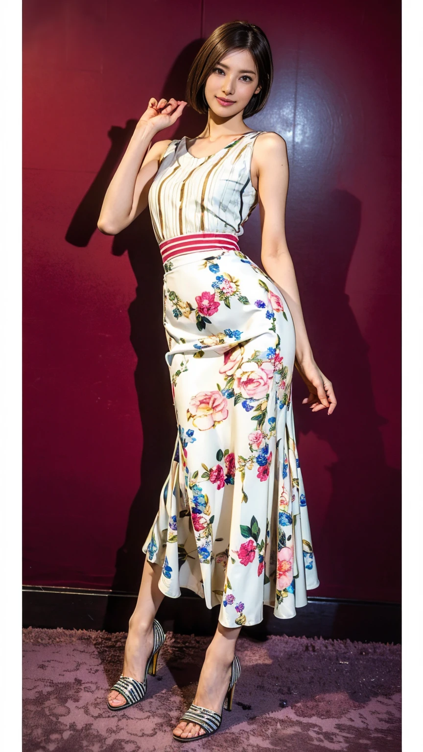 ((masterpiece)),(((Highest quality))),Thin thighs,Long legs,whole body:1.5,(One Girl:1.3),(Black high heels:1.3),(Wearing a floral striped mid-long flared skirt dress:1.2),Short blonde hair:1.2、Model pose with legs spread wide:1.5,Bright expression:1.5