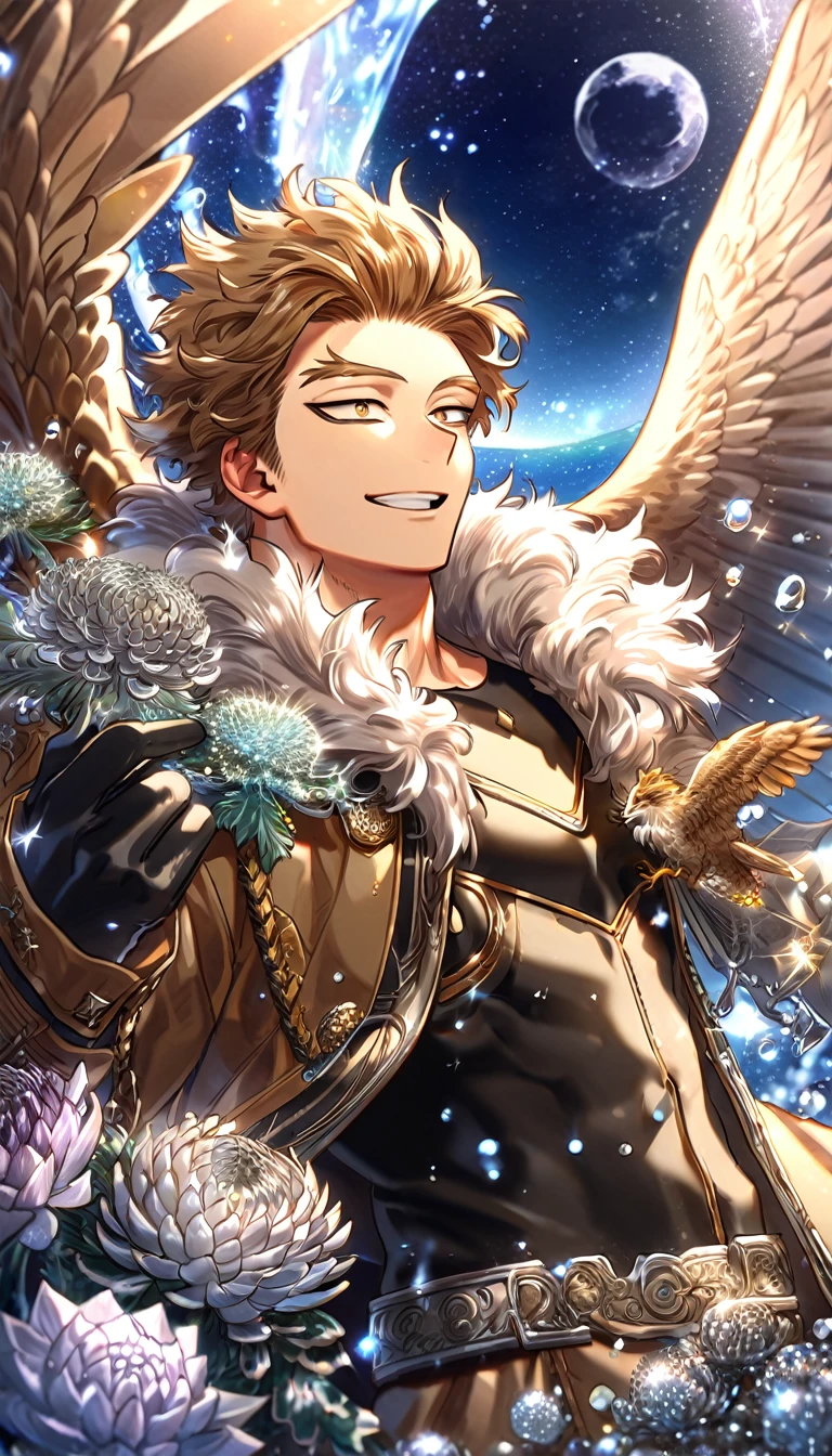 absurdres, highres, ultra detailed, HDR, master piece, best quality, extremely detailed, Hawks, ash-brown hair, expressive golden brown eyes, faint stubble, Boku No Hero Academia, solo, sexy man, handsome, smile, brown coat with fur, black tight T-shirt, black gloves, fantasy, water, sparkling, silver glittering fireflies, silver moon, silver blossoms, silver chrysanthemums, silver sparkling lights, starry sky, magical