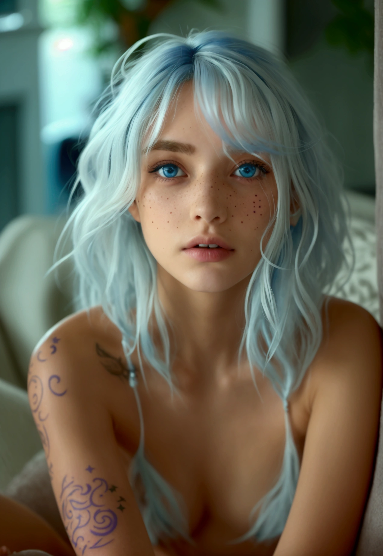 Create an ultra realistic image of a 22 year old American woman, crystal blue eyes, olive skin, freckles on her face, shoulder length and disheveled hair, blue and purple hair, slightly messy hair.   depth of field, front focus, ultra realistic (small tattoo on face).   sitting on the sofa with her legs open, completely naked.   White hair.   full body photo, no clothes, perfect body
