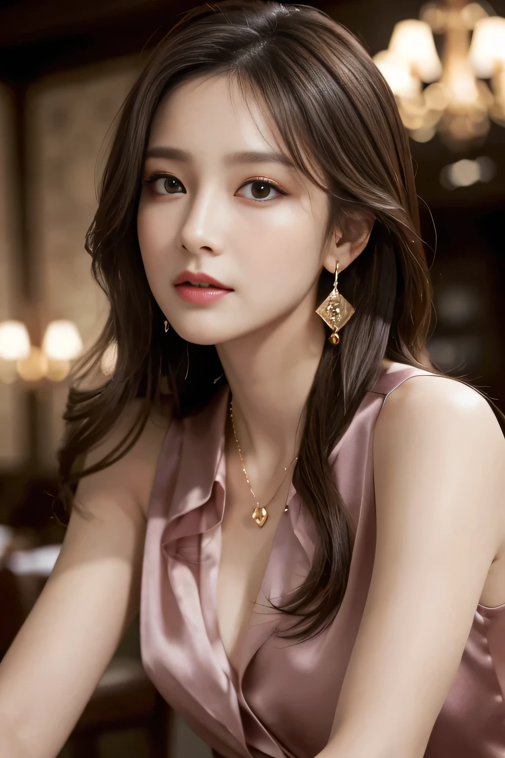 masterpiece, Highest quality, Realistic, Very detailed, Finer details, High resolution, 8k wallpaper, One beautiful woman, Wear an elegant silk shirt, In a great restaurant, At night, Light brown messy hair, Perfect dynamic composition, Beautiful and beautiful eyes、Big earrings、chest、Sleeveless shirt、