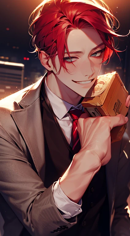 (Highest quality,4K,8K,High resolution,masterpiece:1.2),Super detailed,(Realistic,photoRealistic,photo-Realistic:1.37),1 person,31 years old,Mature Men,Beautiful skin、very handsome,Expressionless smile in love,Short gray red hair,green eyes,Sharp Eyes,A perfect face without a doubt,Businessman,Office Background,Cinema Lighting,HDR image,tie、