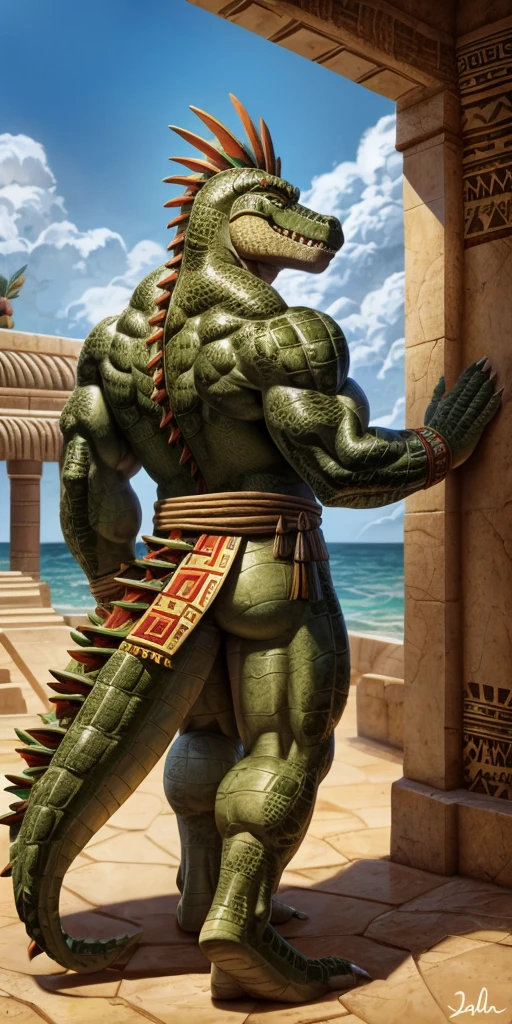 A muscle male alligator, a muscle male lizardmen with full aztec clothes , showing his back and legs, seductive face, detailes face and eyes
