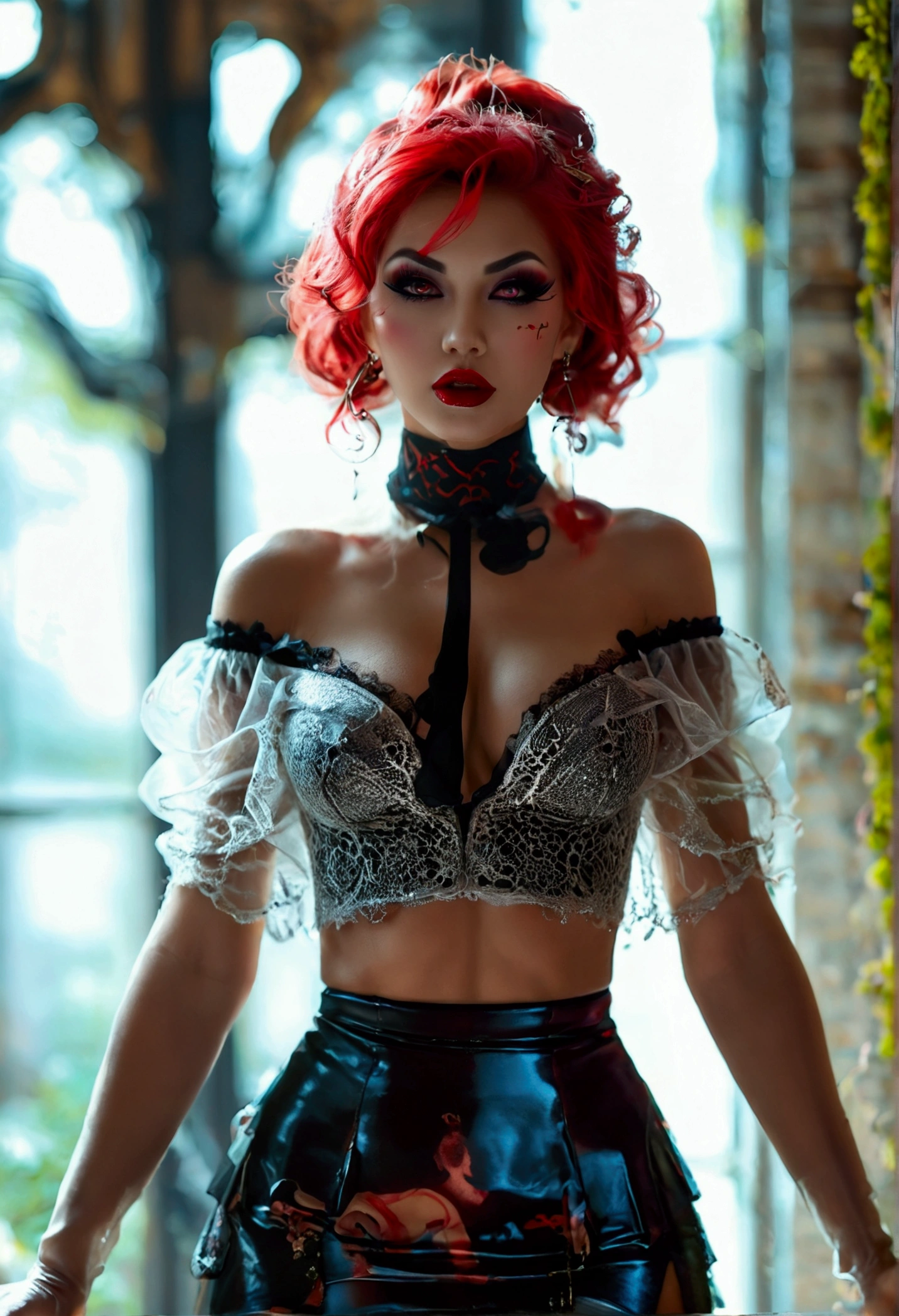 Create an image of the most stunningly gorgeous beautiful perfect sexy wicked oni, Stunningly gorgeous perfect face, perfect makeup, lipstick, transparent off the shoulder crop top, perfect hour glass body figure, sexy mini skirt, thigh high stockings, high heels, Full body view