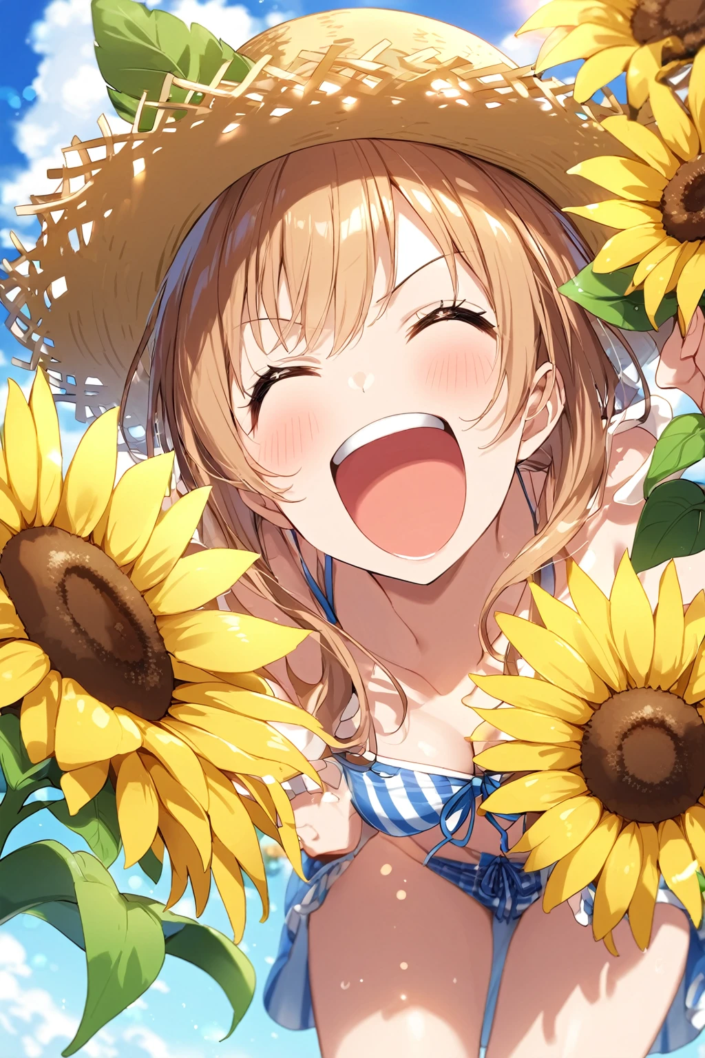 Summer sky、sunflower、Straw hat、Big smile、One Piece Appears、Open your mouth wide、Wink、Bright, Energetic and Active,